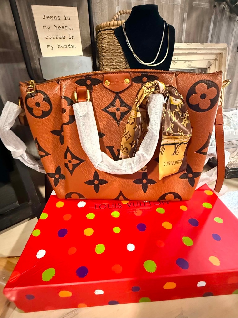 Louis Vuitton Orange and Dark Brown Oversized Monogram Tote with Scarf Accent